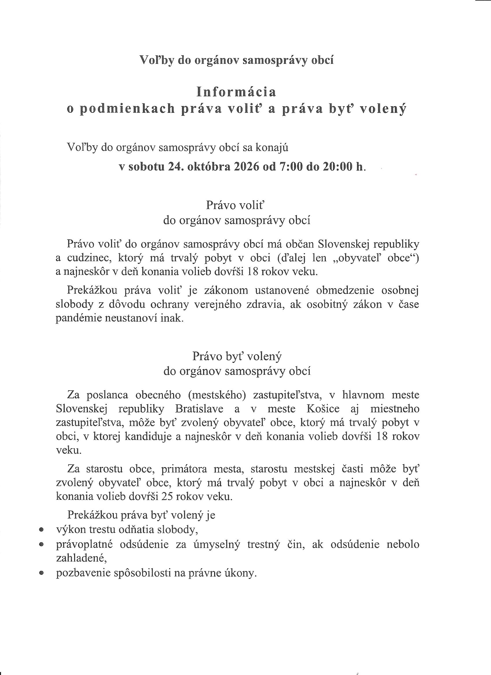 Informácia o podmienkach práva voliť a práva byť volený