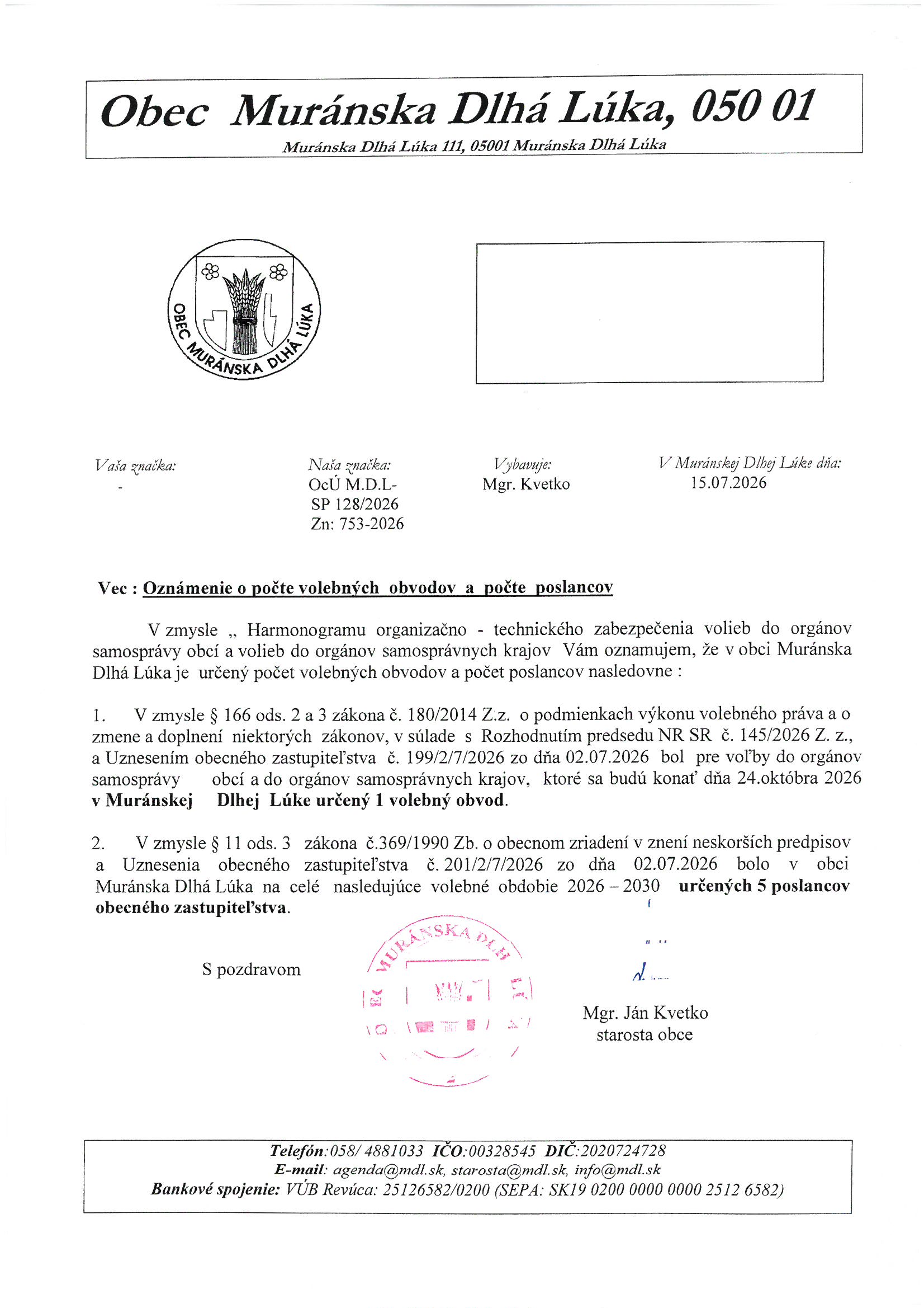 Oznámenie o počte volebných obvodov a počte poslancov