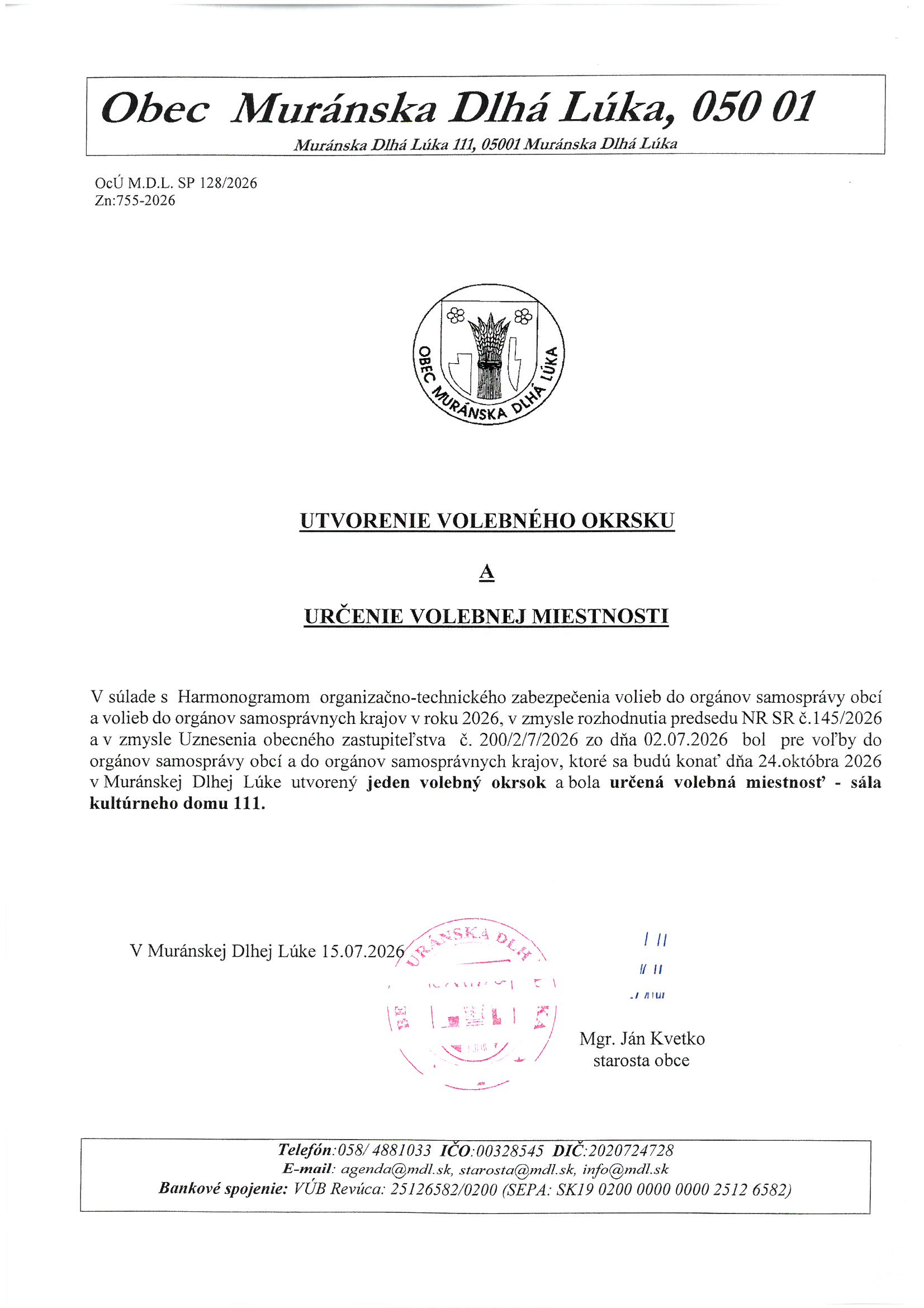 Utvorenie volebného okrsku a určenie volebnej miestnosti
